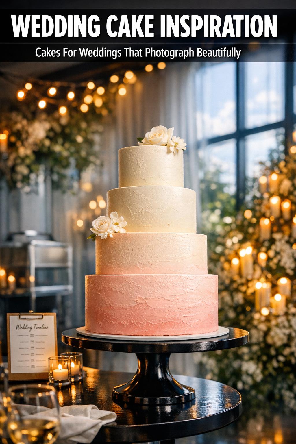 Wedding cake inspiration with an elegant multi-tier white cake adorned with fresh florals on a reception table