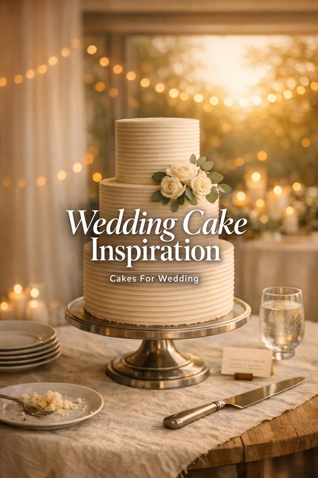 Wedding cake inspiration with elegant three-tier cake on linen table in warm golden-hour reception setting