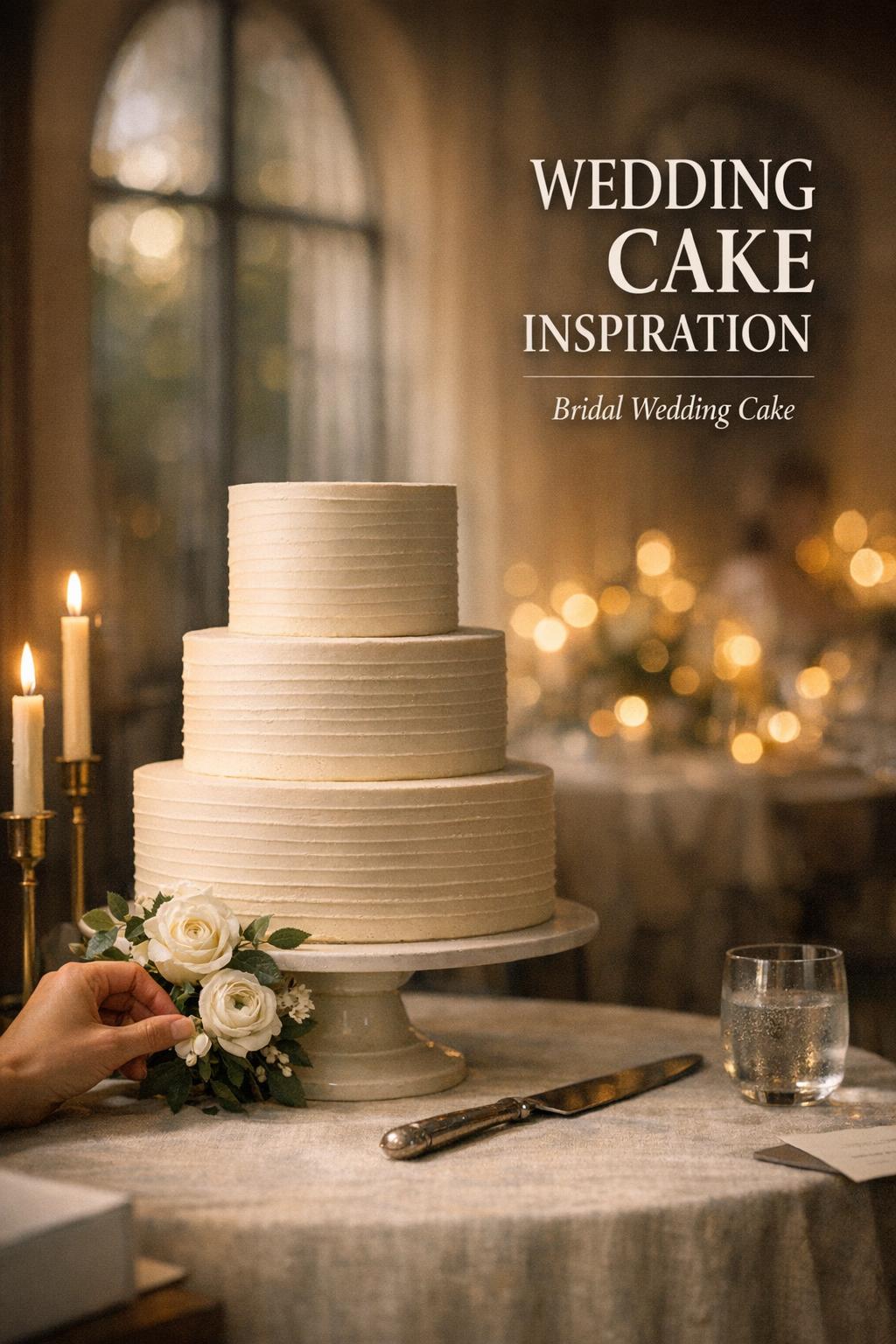 Wedding cake inspiration in an airy venue with candles, ivory tiered bridal cake on linen table, soft window light