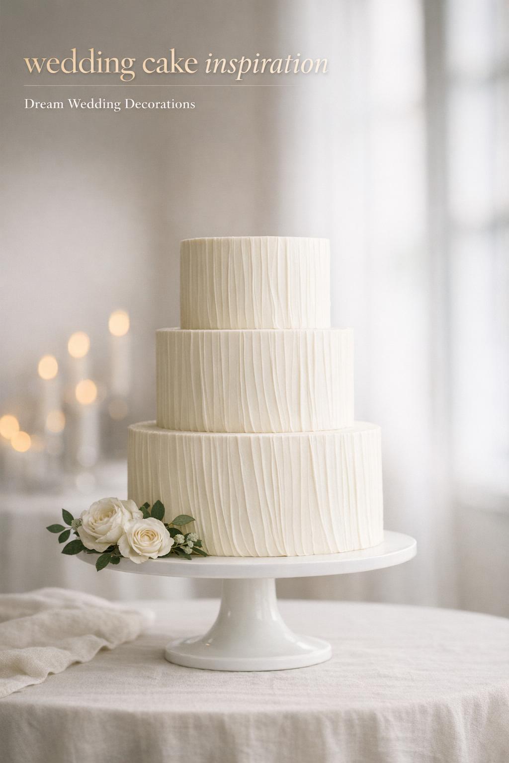 Wedding cake inspiration in a minimalist modern venue, ivory tiered cake on pedestal with roses and soft candlelight