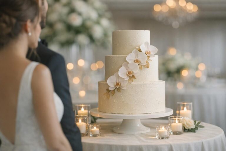 Wedding cake inspiration with a modern minimalist tiered white cake and fresh florals on an elegant reception table