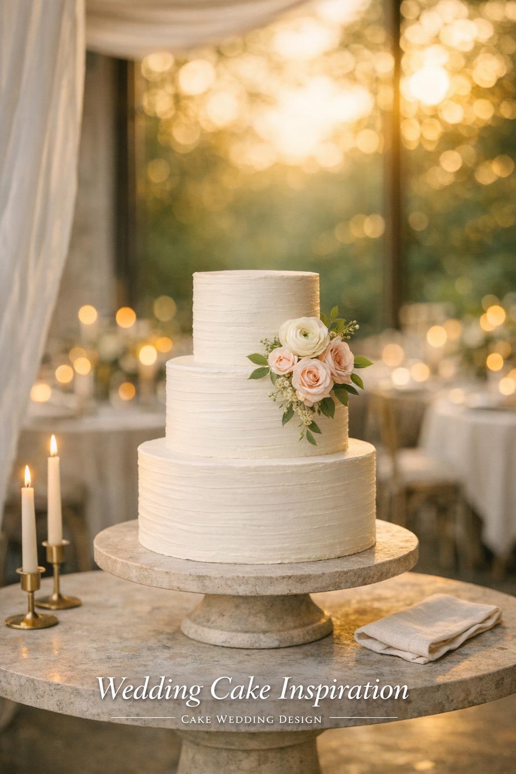 Wedding cake inspiration with a 3-tier white cake on stone pedestal in golden hour reception, soft bokeh and candles