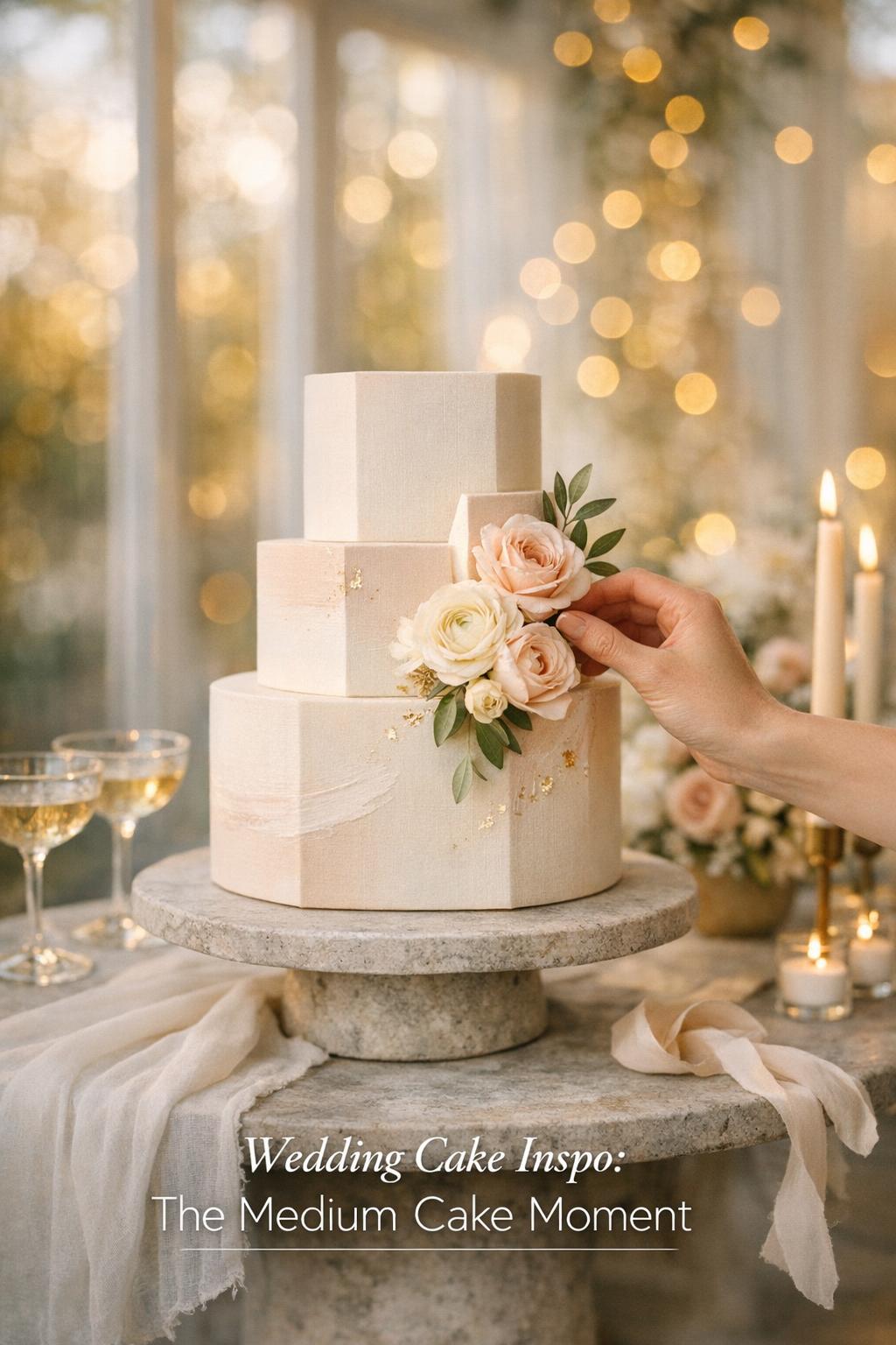 Wedding cake inspo featuring a medium 3-tier modern ivory and blush cake with sugar flowers, gold leaf, and bride hand