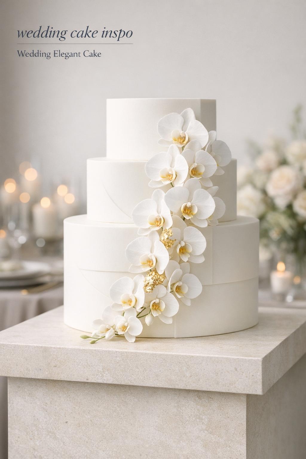 Wedding cake inspo featuring a modern three-tier white fondant cake with sugar orchids and subtle gold leaf in a minimalist venue.