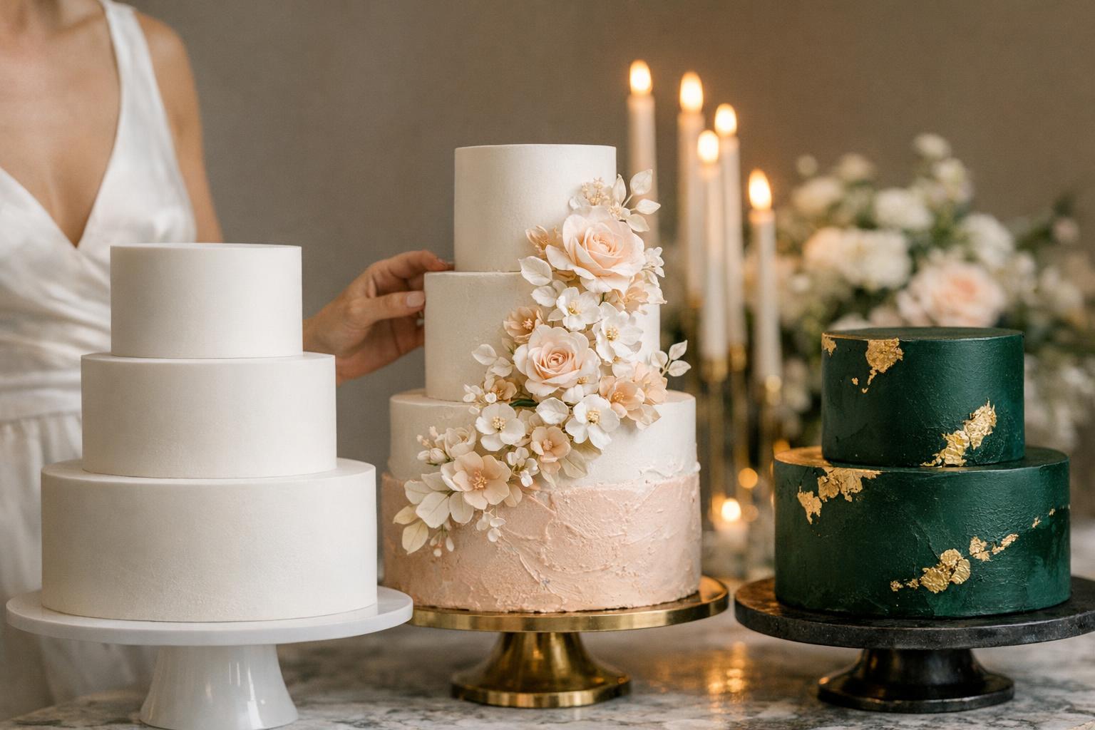 Wedding cake inspo featuring a sculpted two-tier white cake with delicate sugar flowers on an elegant reception table