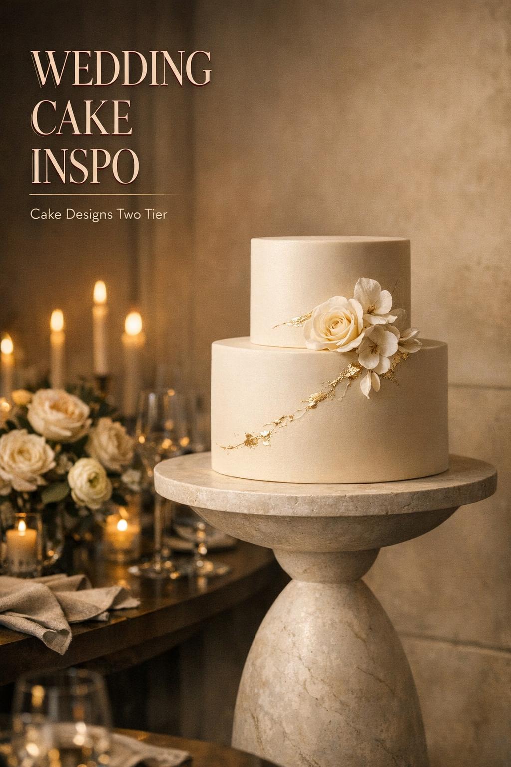 Wedding cake inspo featuring an ivory two-tier cake with gold leaf accents in a candlelit modern ballroom