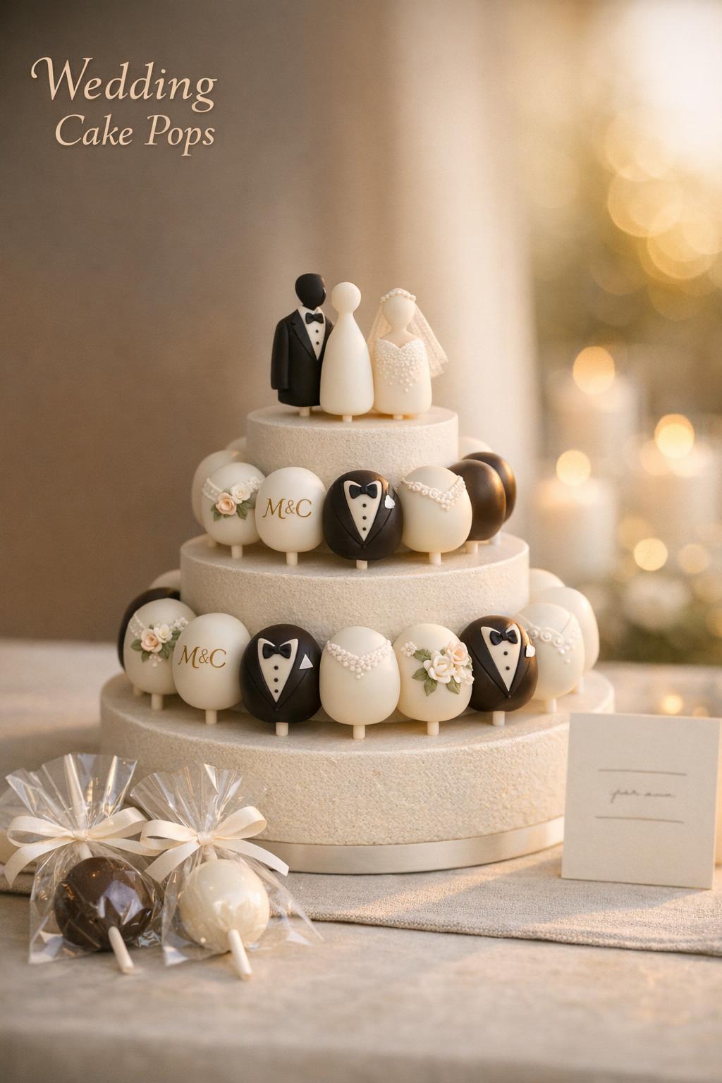 Wedding cake pops display on a minimalist reception dessert table at golden hour with white and dark chocolate details