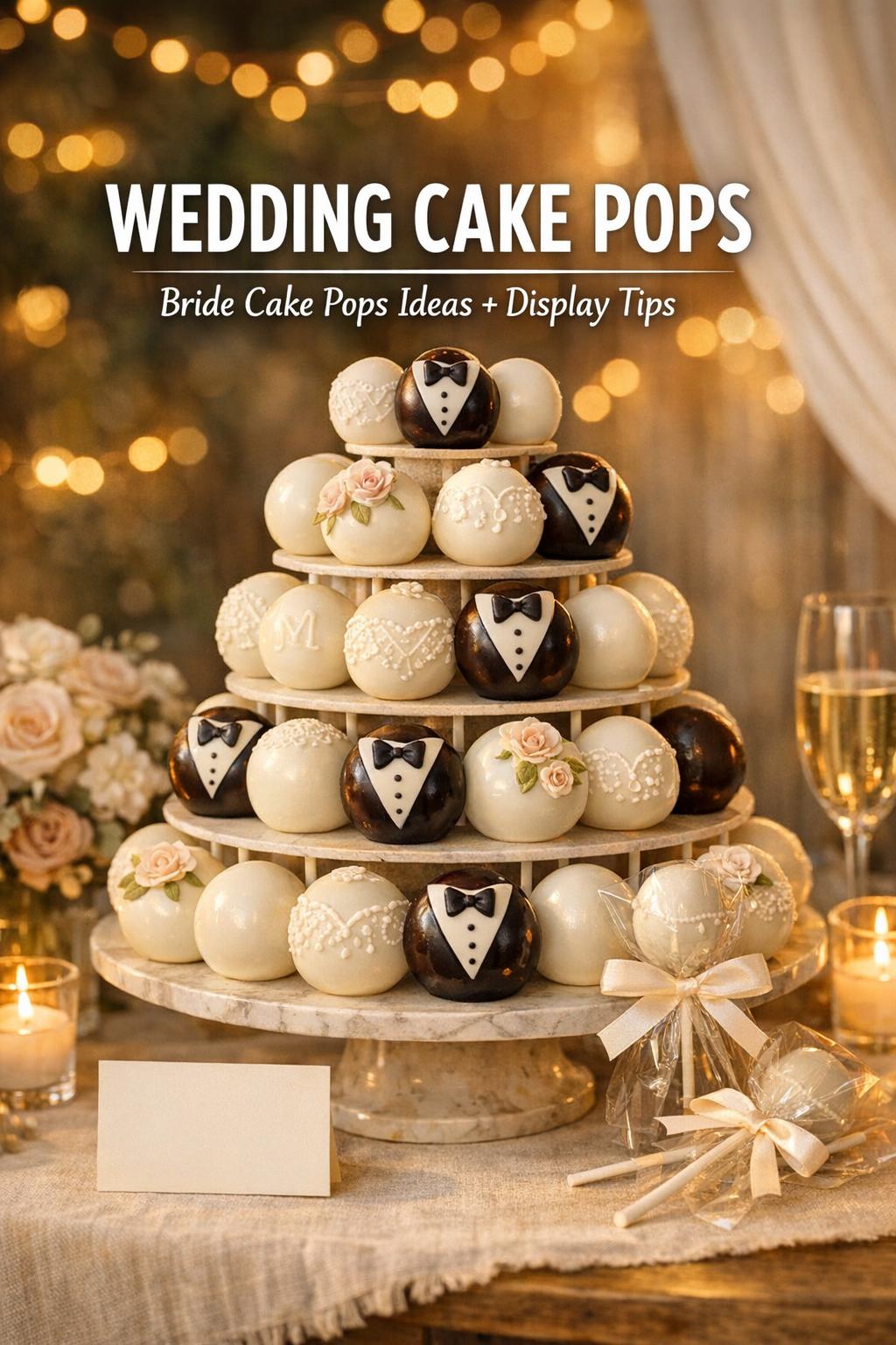 Wedding cake pops display on a romantic golden-hour dessert table with a tiered cake pop tower, candles and soft florals.