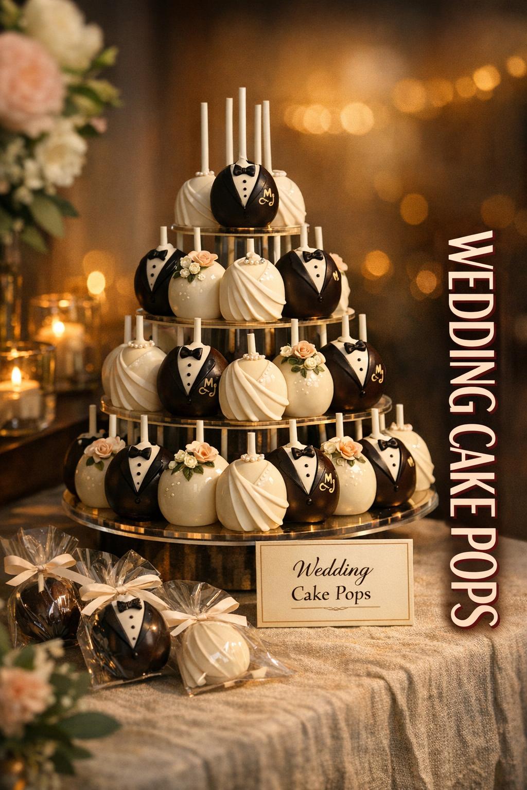 Wedding cake pops display on a tiered tower with tuxedo and gown designs at a golden-hour reception dessert table