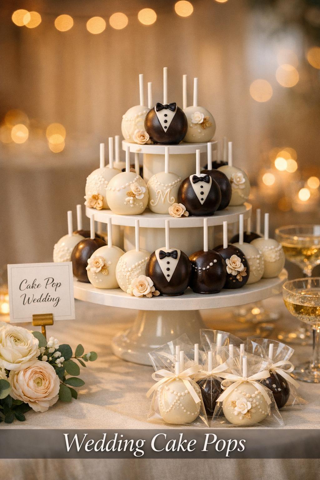 Wedding cake pops tower on a golden hour dessert table with ivory linens, flowers, and softly blurred reception lights