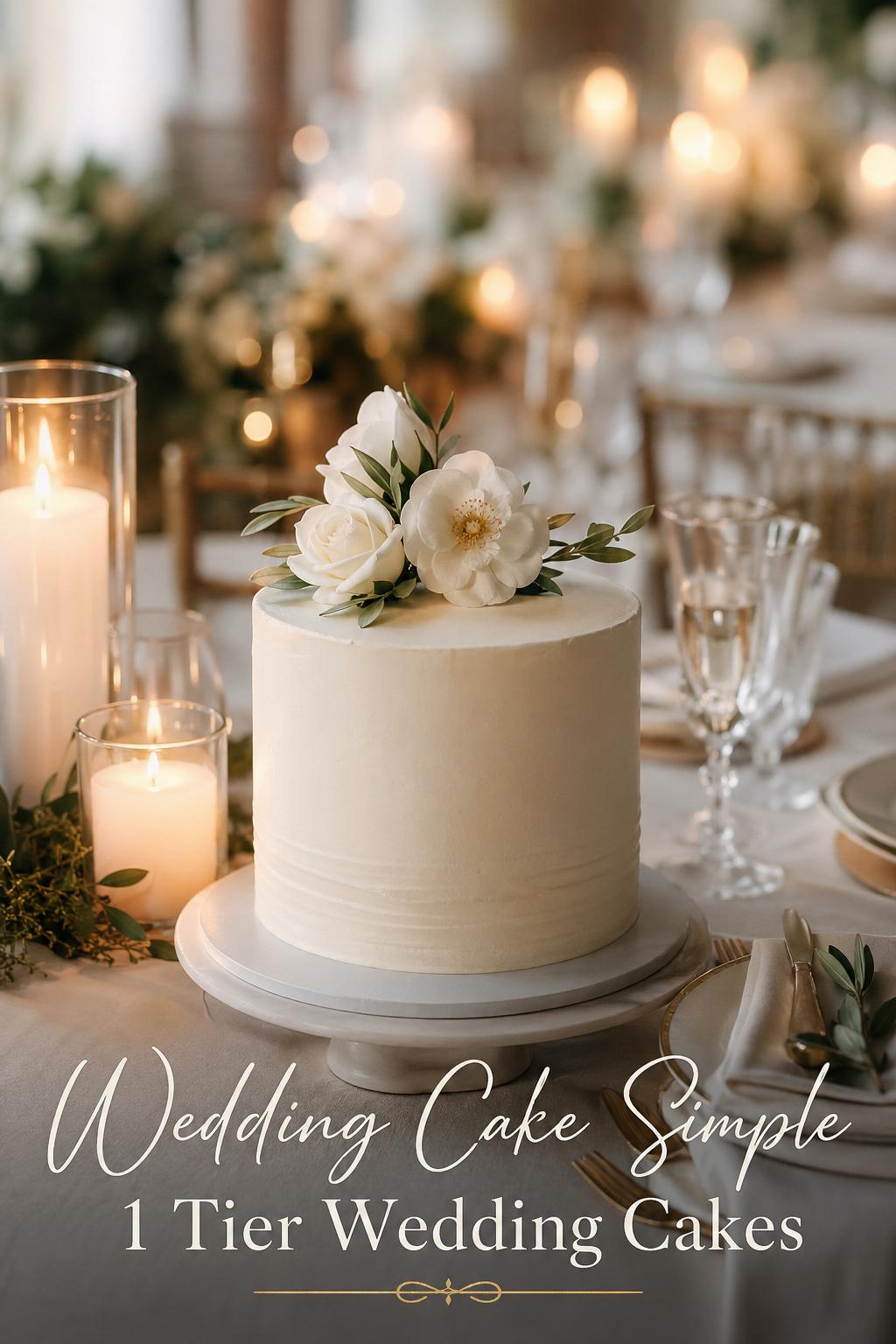 Wedding cake simple 1 tier reception cake on an elegant candlelit table at a refined wedding venue