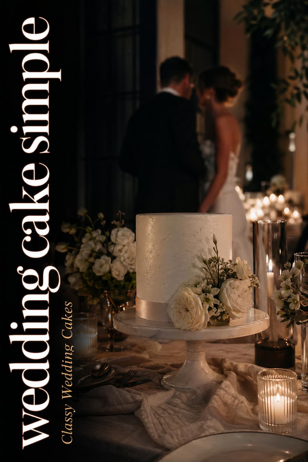 Elegant wedding cake simple on a candlelit reception table with soft florals and refined editorial styling
