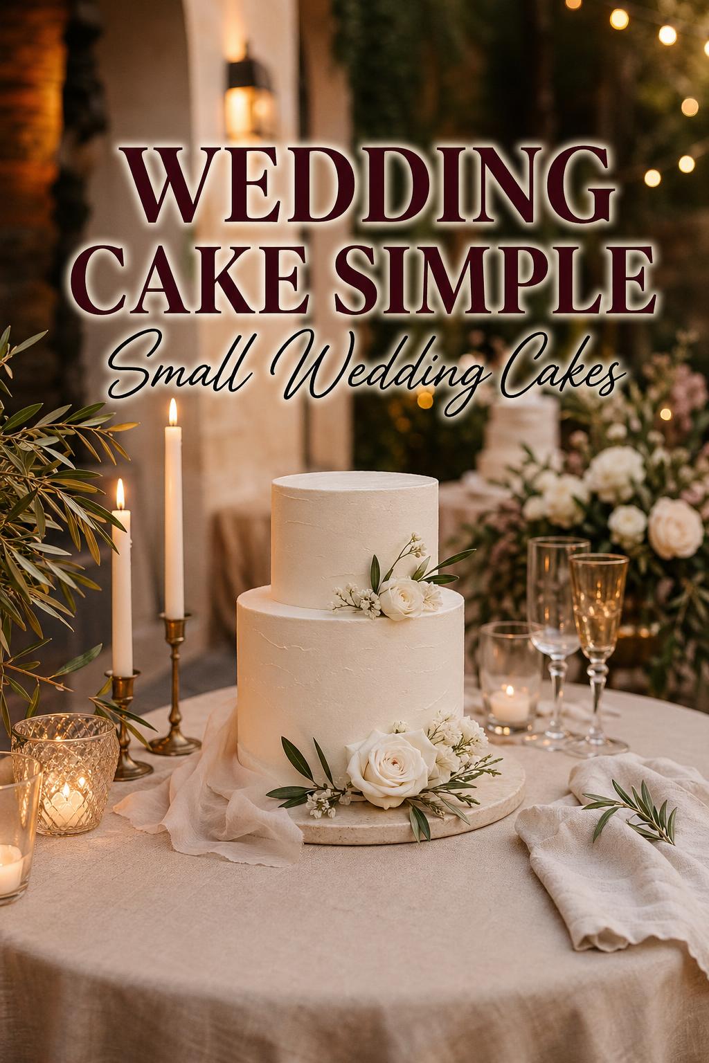 Wedding cake simple on a linen table with candles and flowers at golden hour reception
