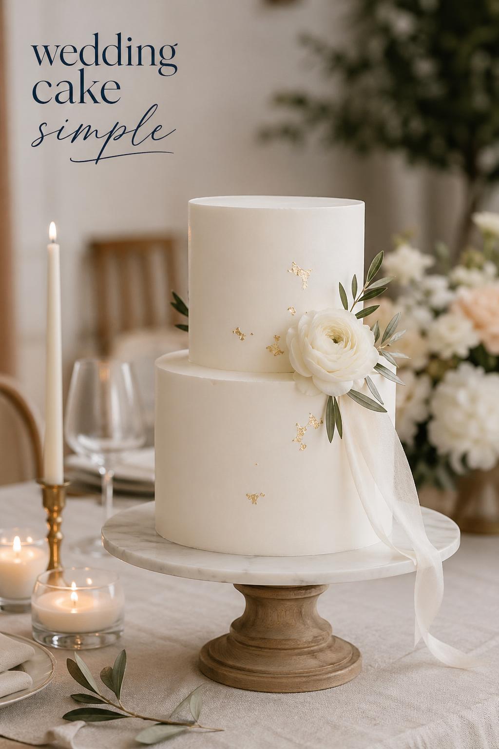 Wedding cake simple with smooth white tiers, soft candles, and elegant minimalist wedding styling