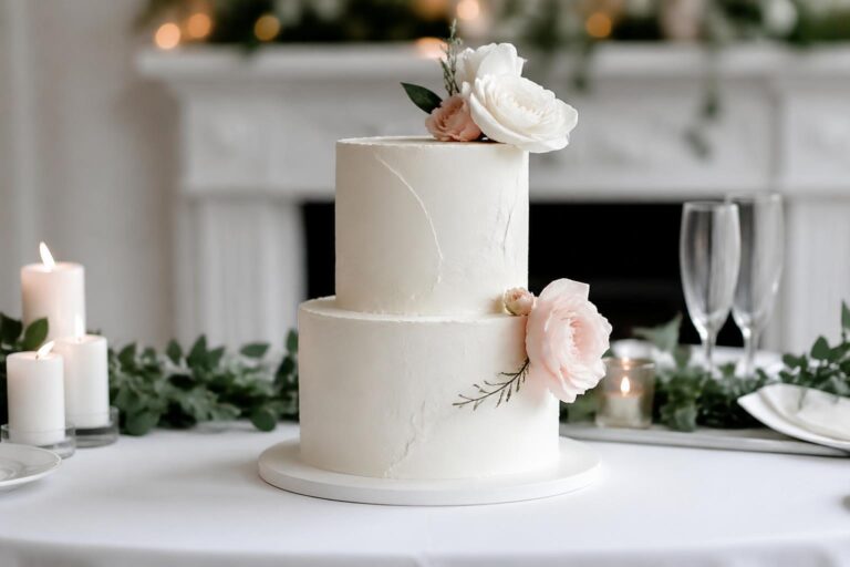 Wedding cake simple white buttercream cake with soft texture and delicate florals on an elegant display table
