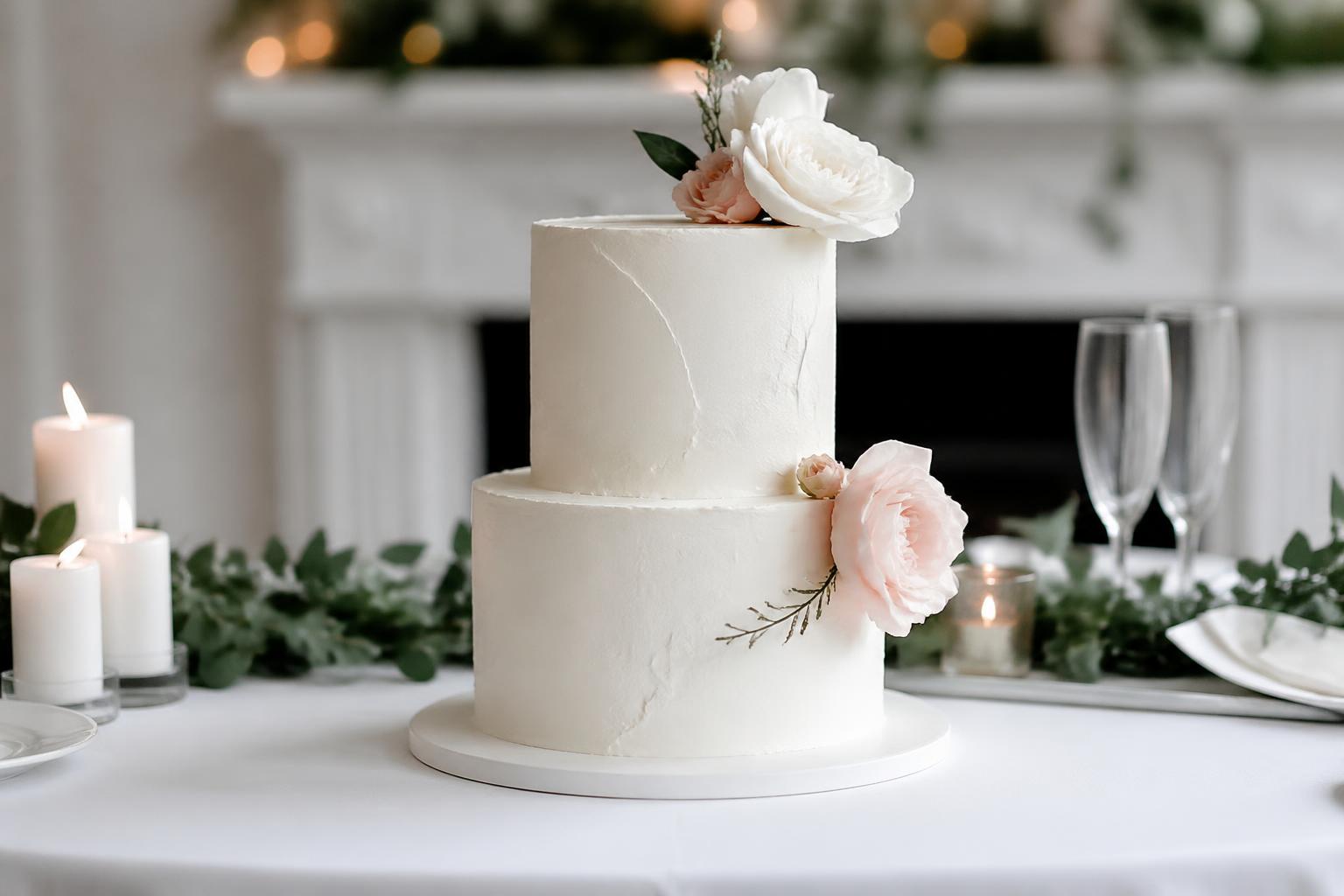 Wedding cake simple white buttercream cake with soft texture and delicate florals on an elegant display table