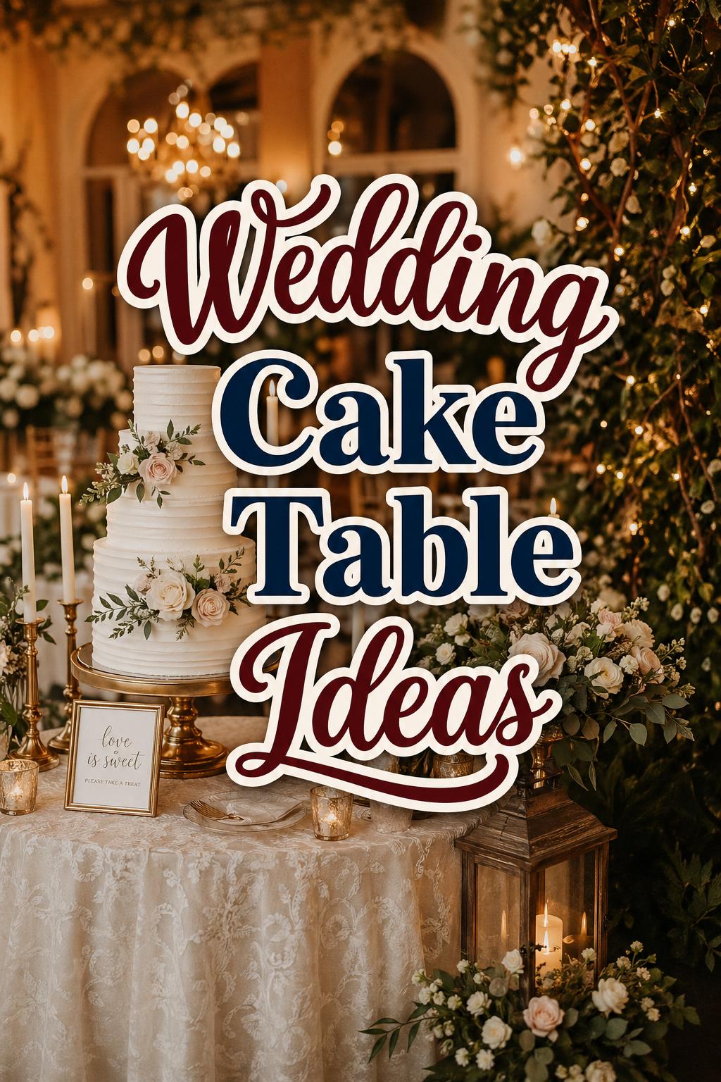 Elegant wedding cake table in a softly lit reception with florals, candles, and “Wedding Cake Table Ideas” text overlay