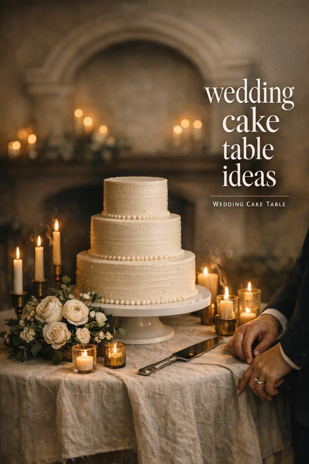 Wedding cake table ideas with a three-tier ivory cake, brass candles, and white florals in a moody reception setting