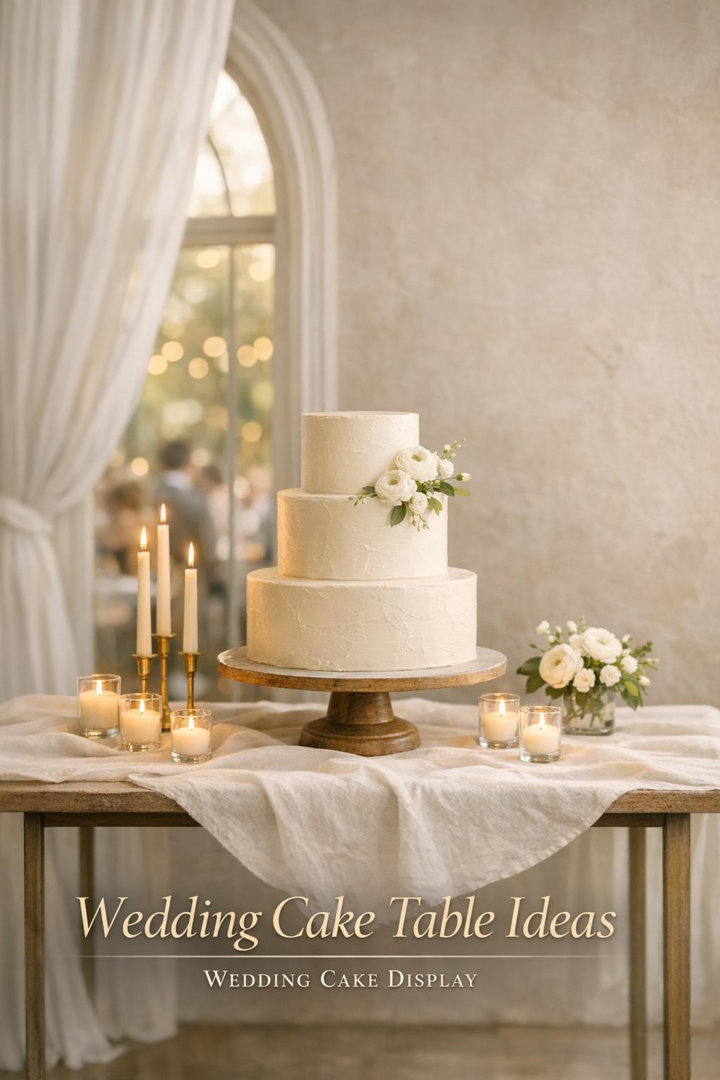 Wedding cake table ideas with minimalist three-tier buttercream cake, candles, and florals in bright airy reception light