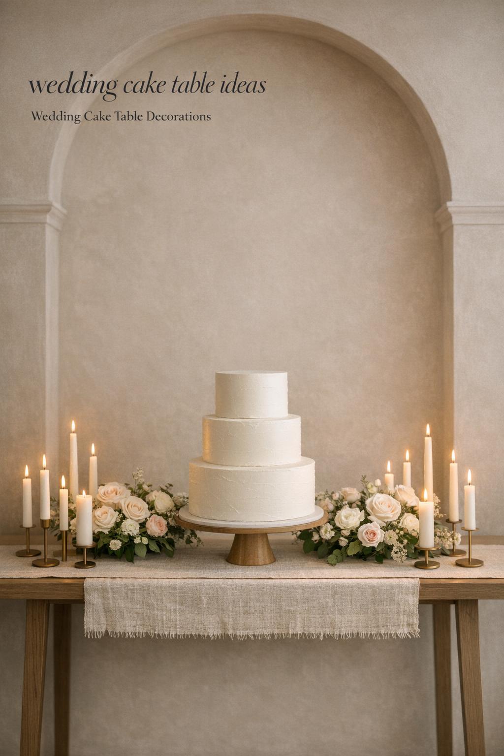 Wedding cake table ideas with modern white cake, ivory taper candles, low blush florals, and linen runner in window light.