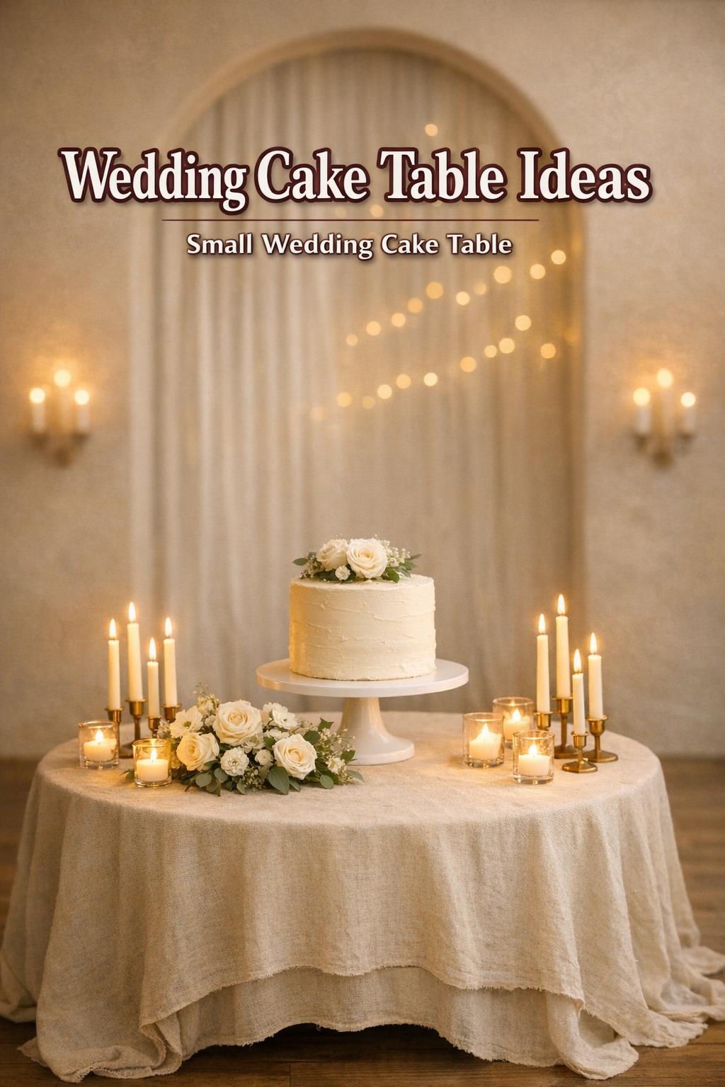Wedding cake table ideas: small cake table with candles, linen drape, and soft florals in golden-hour reception light.
