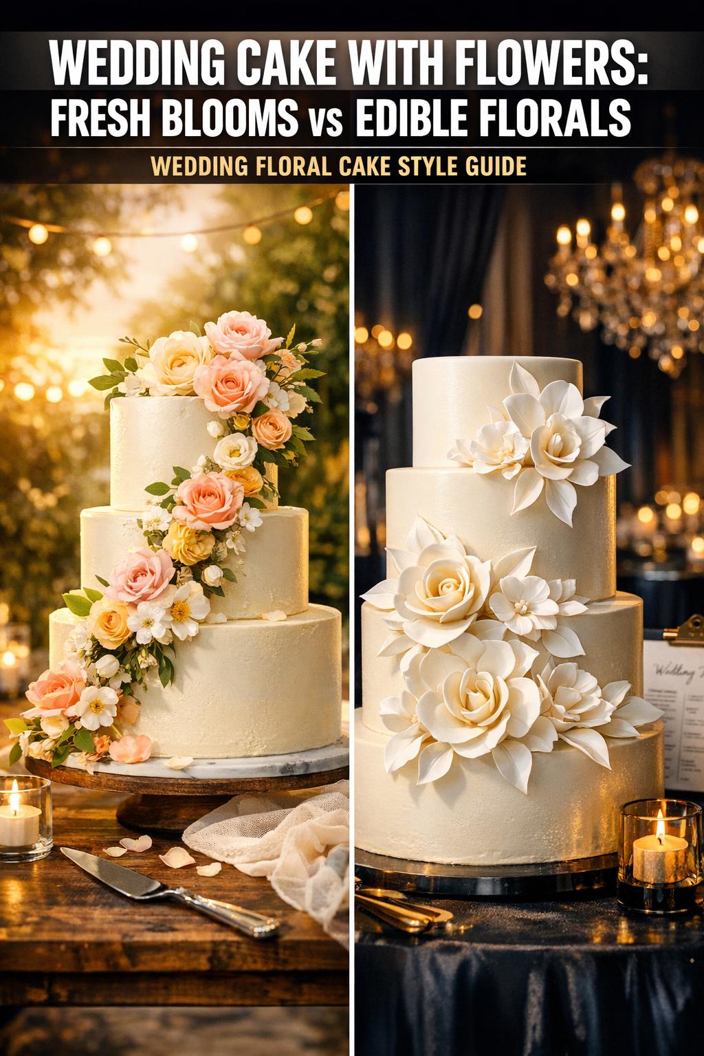 Wedding cake with flowers on a white table, elegant floral design at a romantic reception
