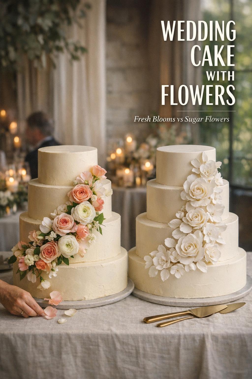 Wedding cake with flowers comparison: fresh blooms vs sugar flowers on ivory tiered cakes at a moody reception table