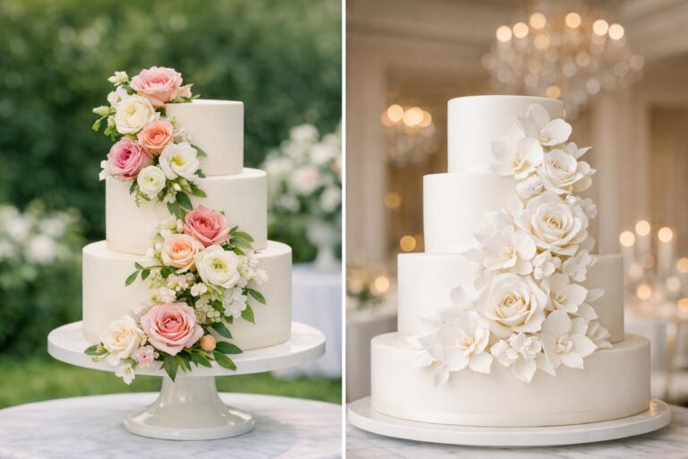 Wedding cake with flowers featuring fresh blooms and edible sugar florals on elegant white tiers, photographed at reception