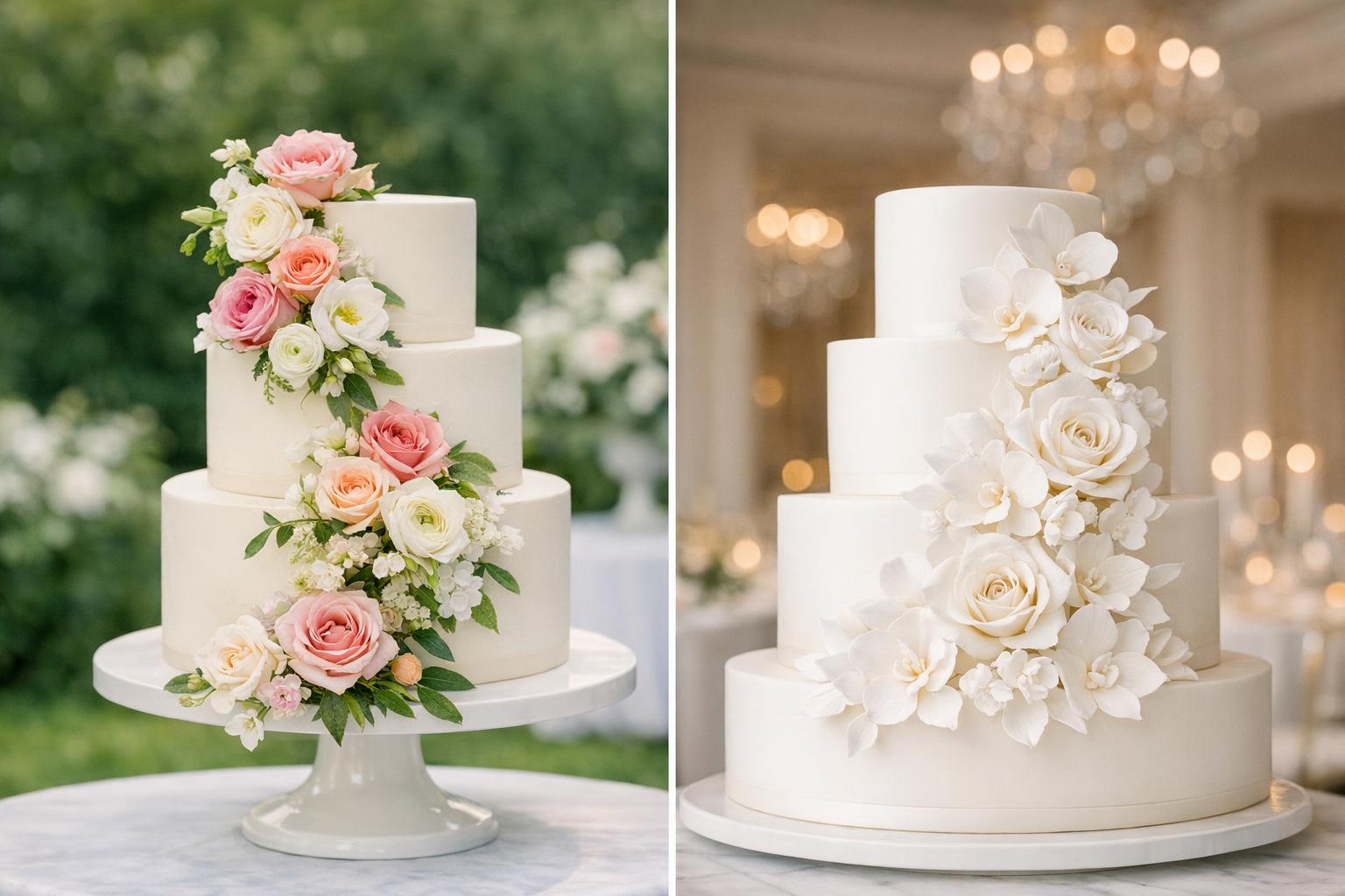 Wedding cake with flowers featuring fresh blooms and edible sugar florals on elegant white tiers, photographed at reception