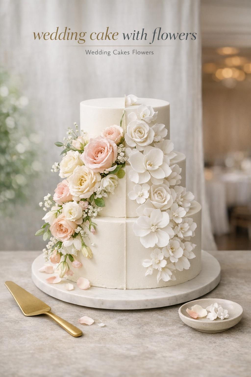 Wedding cake with flowers styled half fresh blooms and half sugar flowers on a stone tabletop in soft natural light.