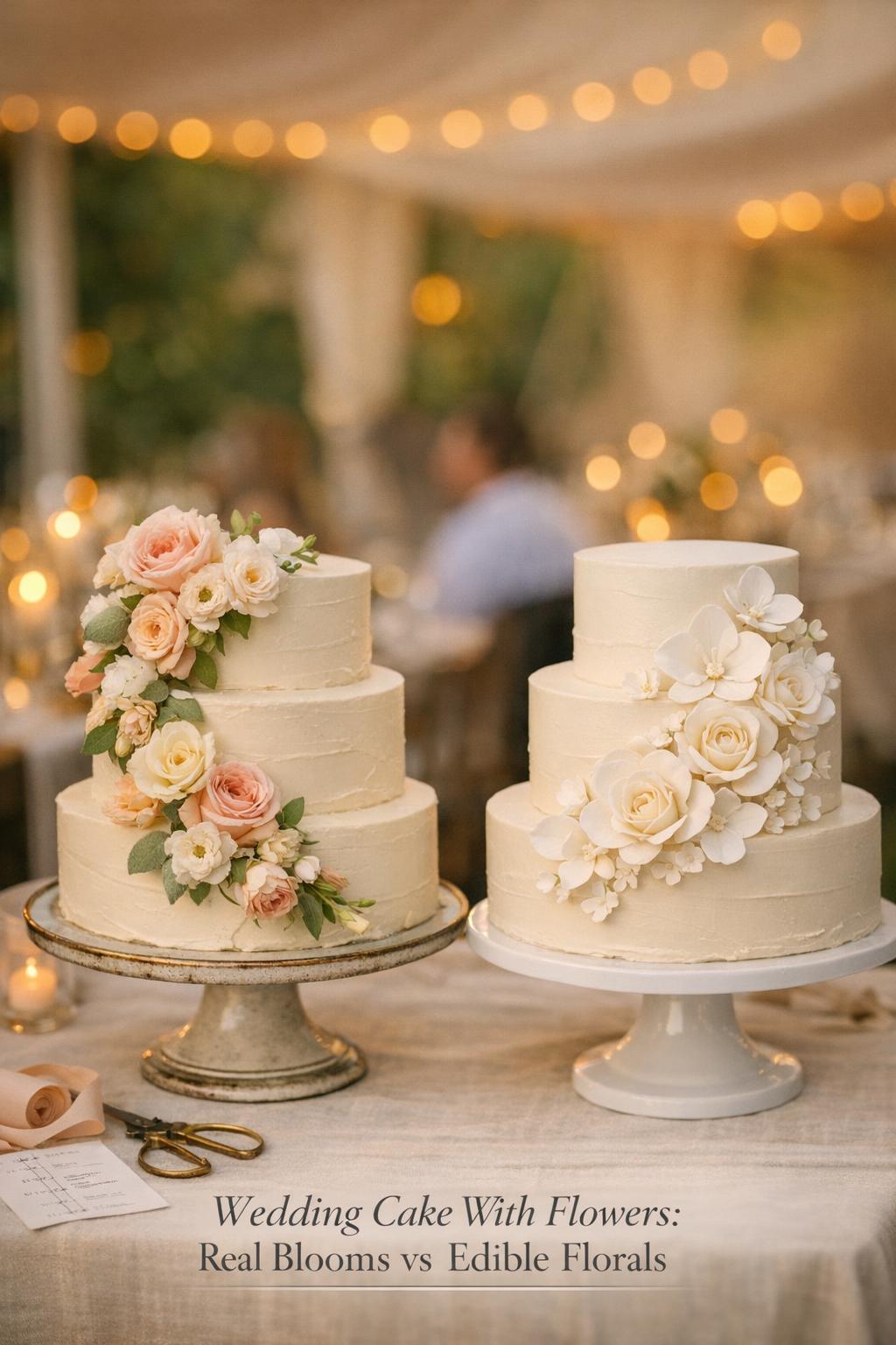 Wedding cake with flowers comparison: two ivory tiered cakes with real blooms vs edible sugar florals at garden reception