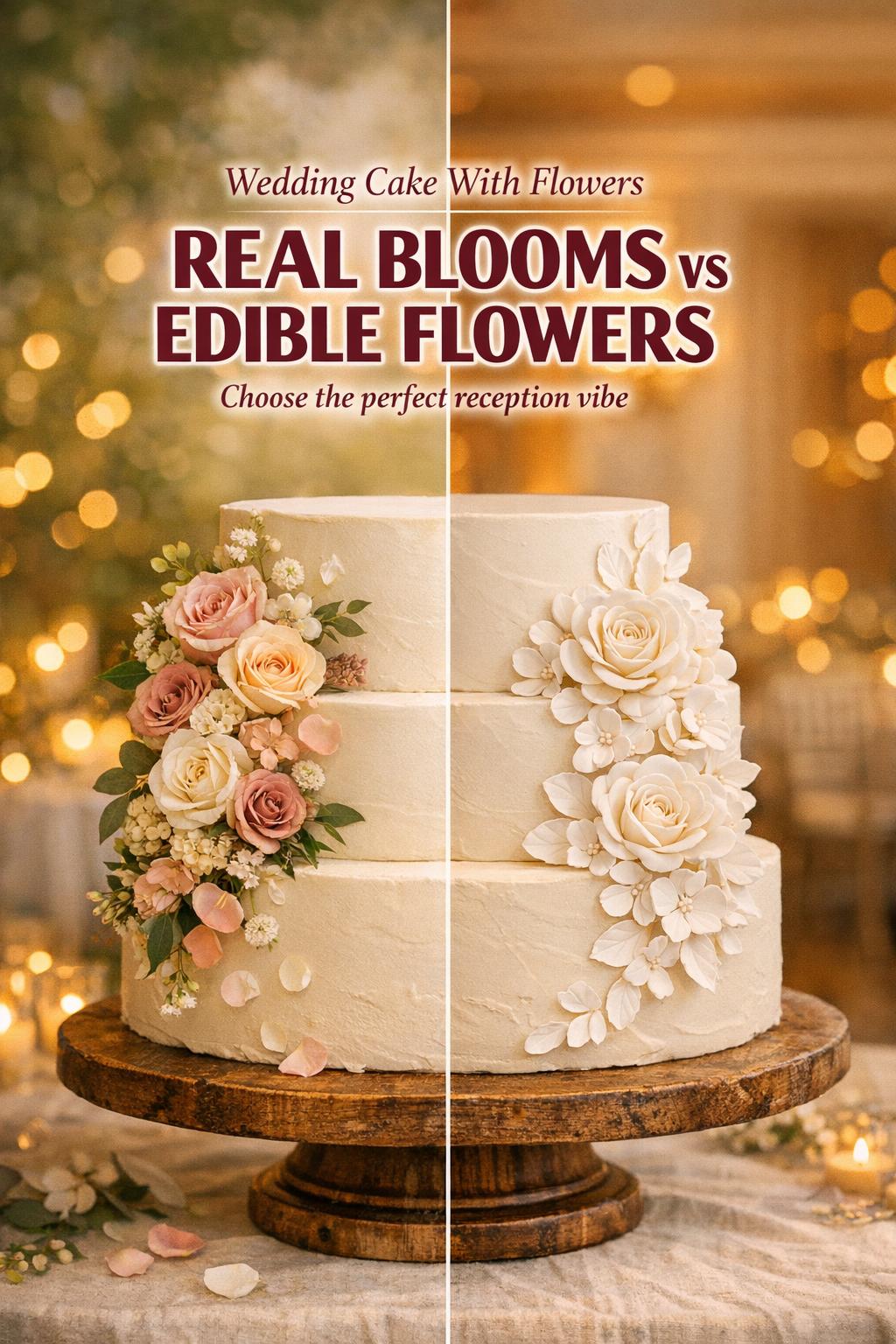 Wedding cake with flowers comparison: real blooms vs edible sugar flowers on a 3-tier ivory cake in warm reception light