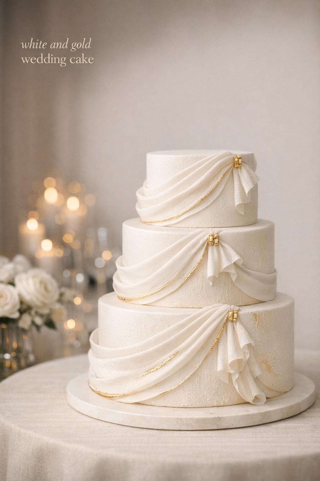 White and gold wedding cake with couture fondant draping on an ivory table, candlelit black-tie reception bokeh behind.
