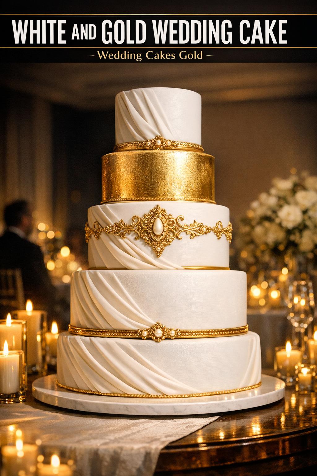 White and gold wedding cake with elegant tiers and floral details at a reception display
