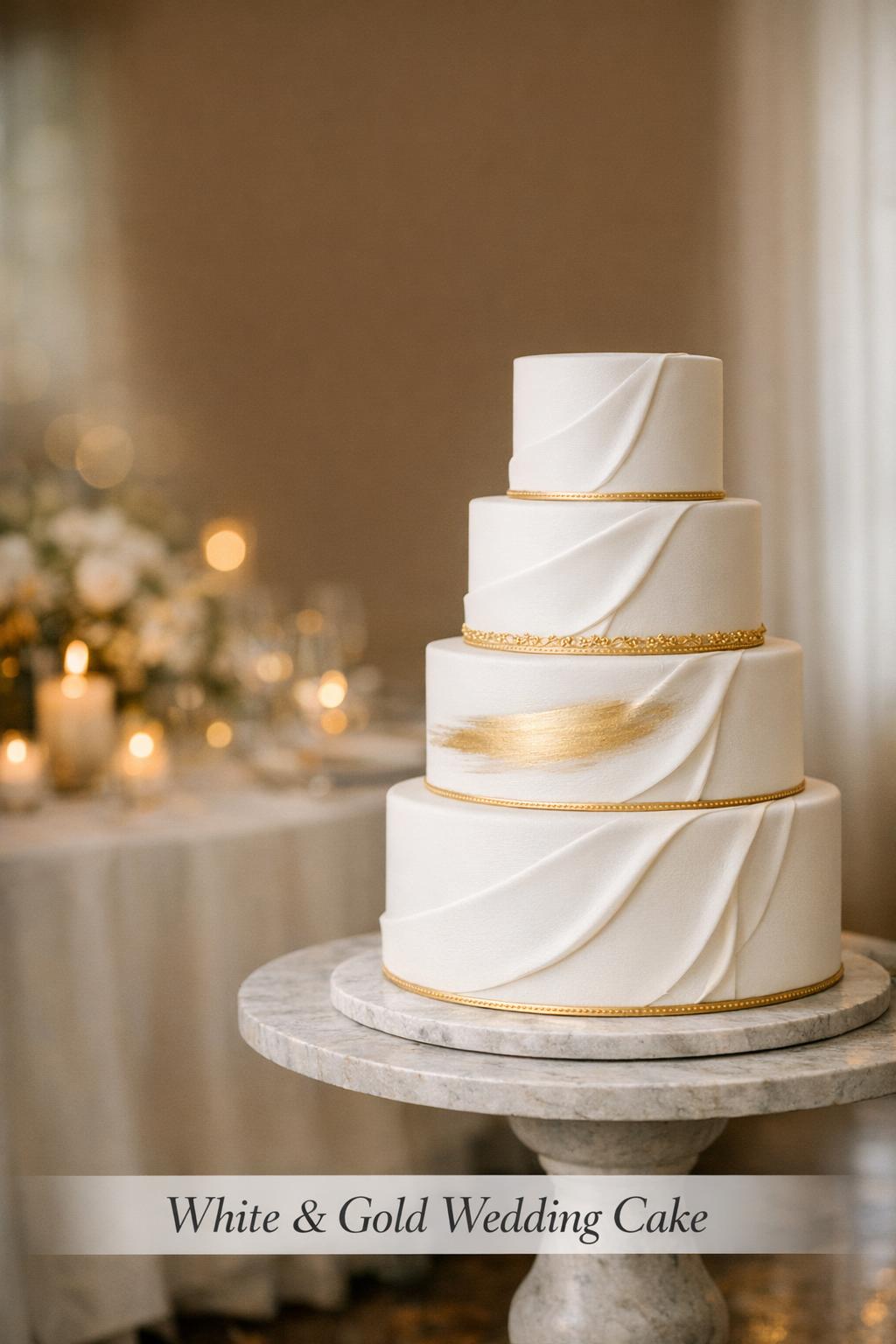 White and gold wedding cake on a marble pedestal table, candlelit reception bokeh with elegant overlay text