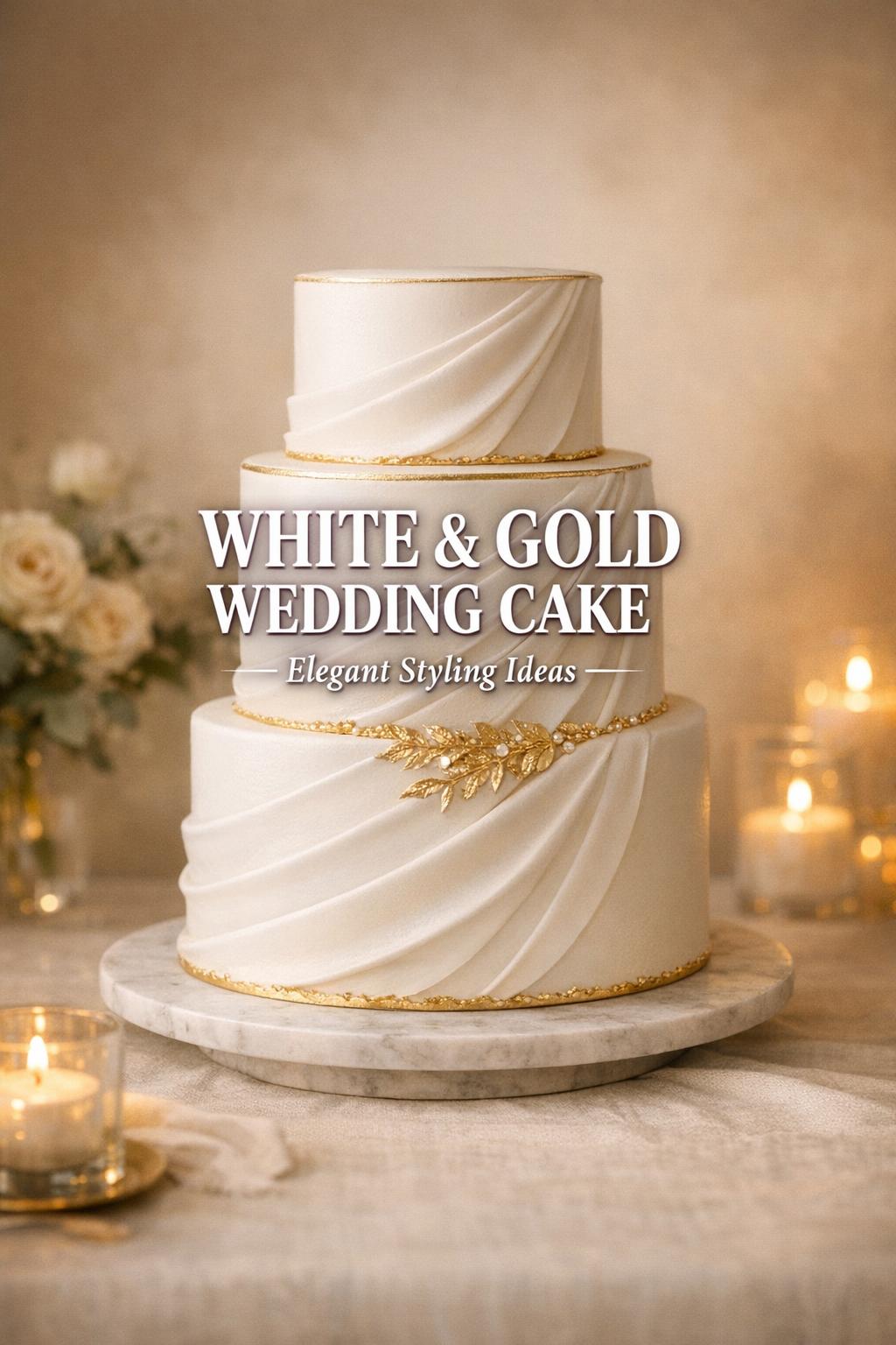 White and gold wedding cake on marble stand in candlelit reception with elegant text overlay, warm bokeh background