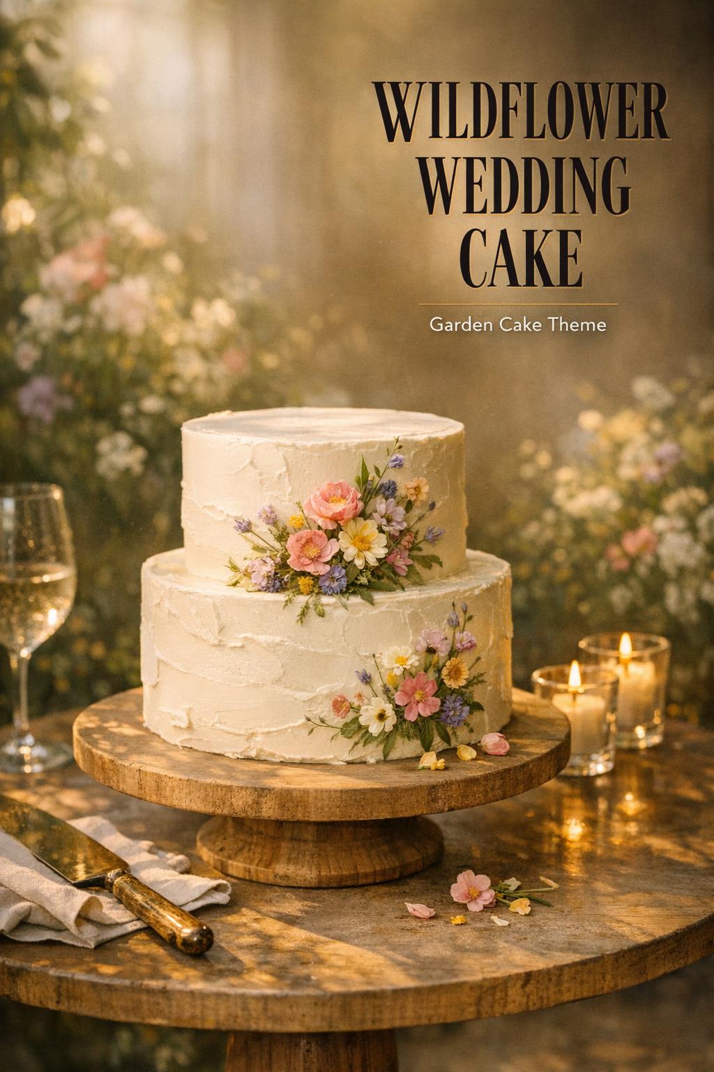 Wildflower wedding cake on stone pedestal with pastel blooms in a golden-hour botanical garden reception