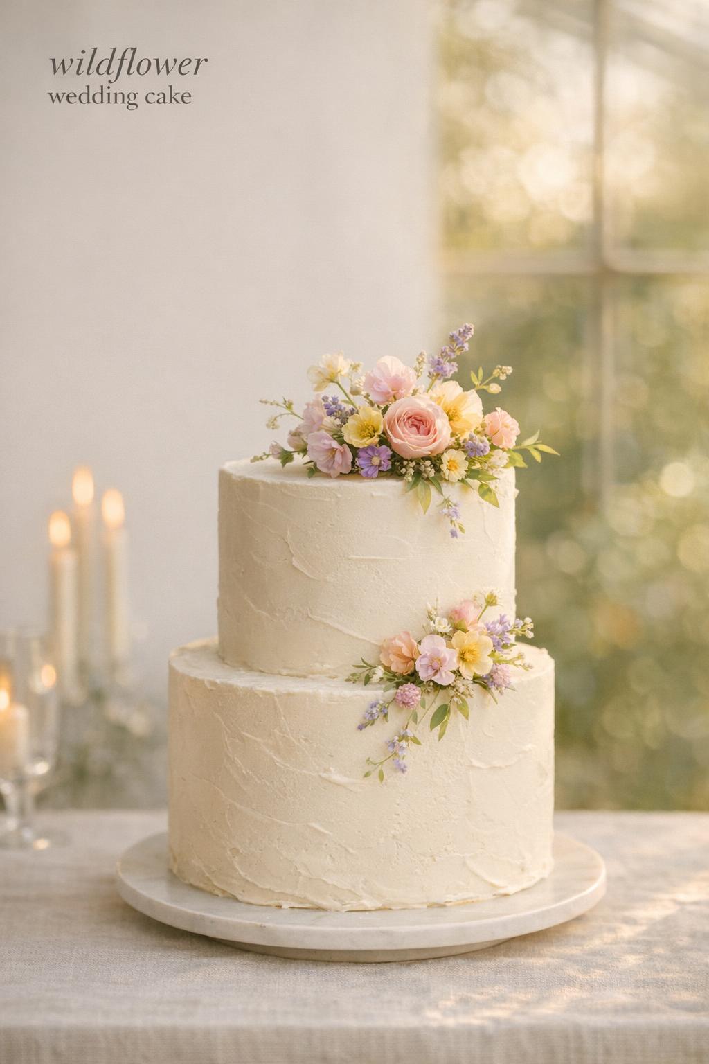 Wildflower wedding cake with colorful meadow flowers in golden-hour greenhouse editorial photo