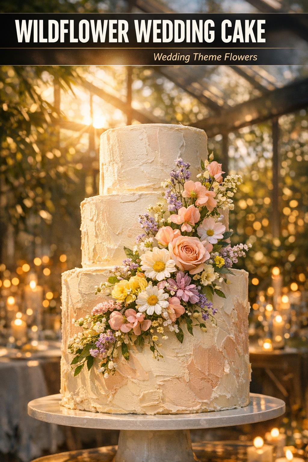 Wildflower wedding cake with fresh blooms and rustic buttercream, photographed in natural light