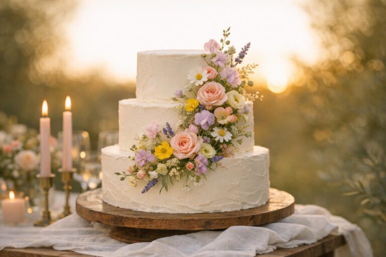 Wildflower wedding cake with airy meadow blooms on ivory buttercream in warm golden-hour light