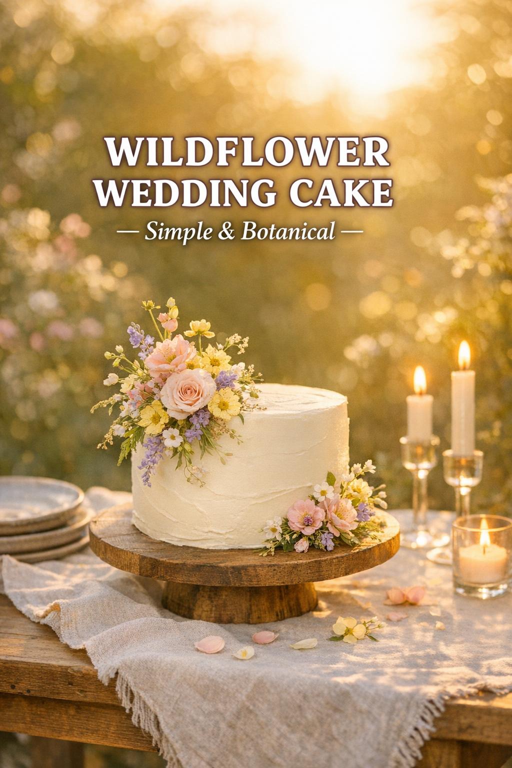 Wildflower wedding cake on linen table in sunlit meadow, matte buttercream with blush and yellow blooms at golden hour