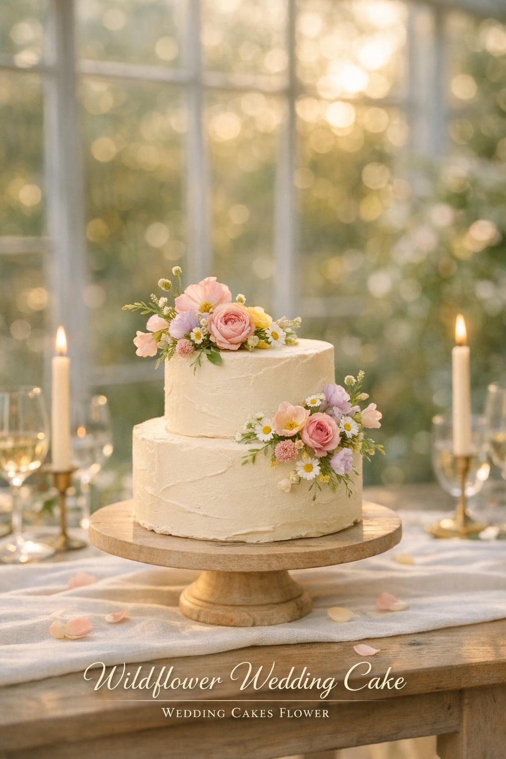 Wildflower wedding cake on a pedestal in a sunlit greenhouse wedding setting at golden hour with soft pastel blooms