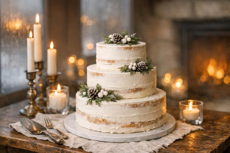 Winter wedding cake on a candlelit reception table with white frosting, subtle texture, and evergreen accents