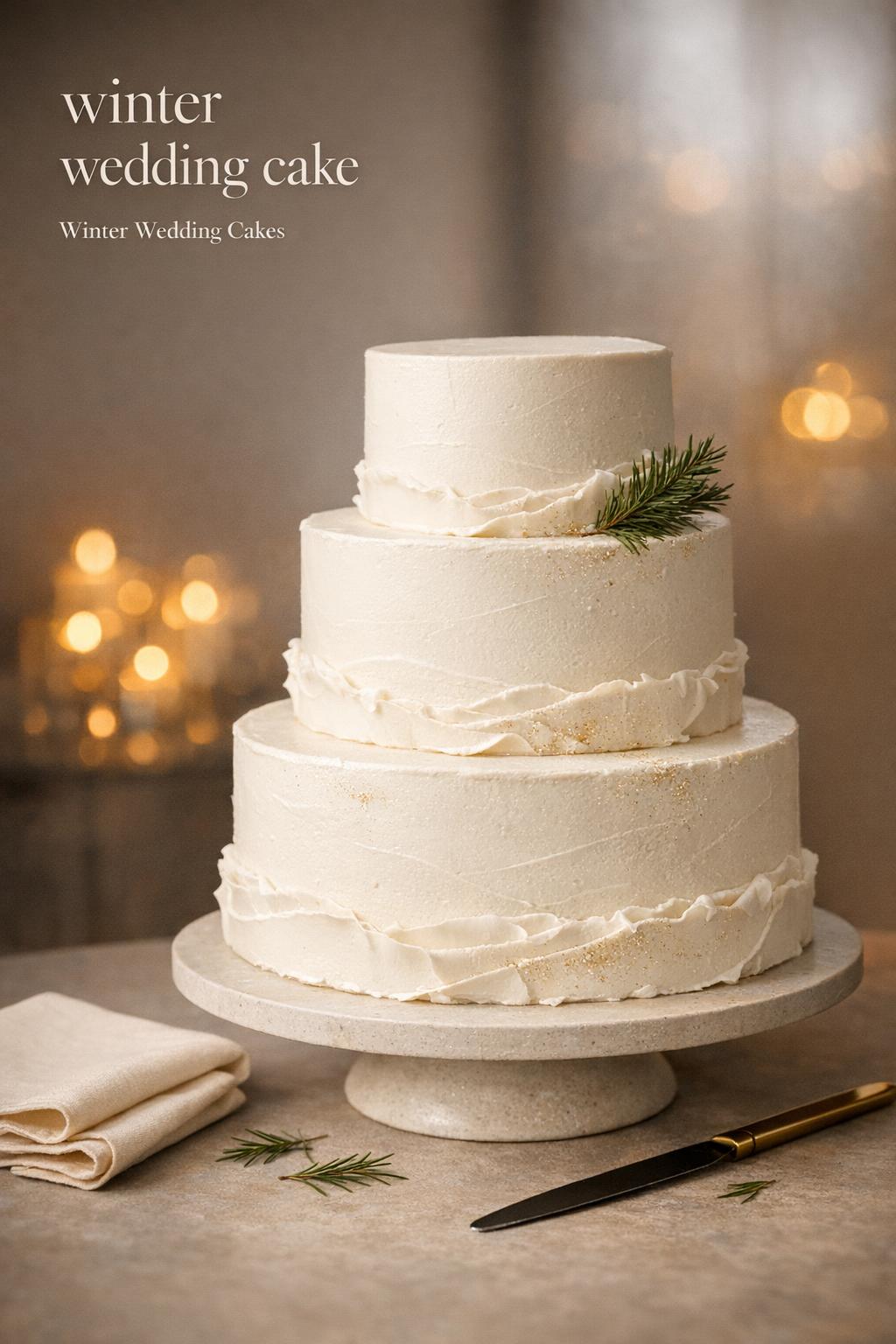 Winter wedding cake in warm candlelit reception setting with minimalist tiered white buttercream and subtle gold shimmer.