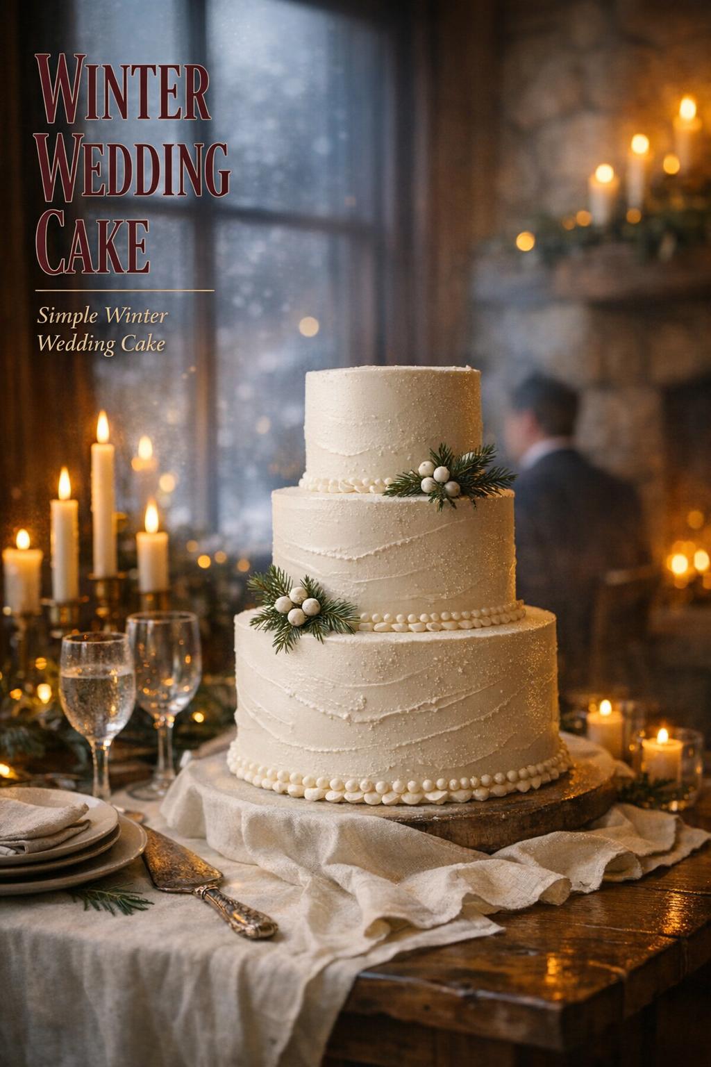 Winter wedding cake on a candlelit lodge table with evergreen accents, snowy window glow, and warm fireplace ambiance.