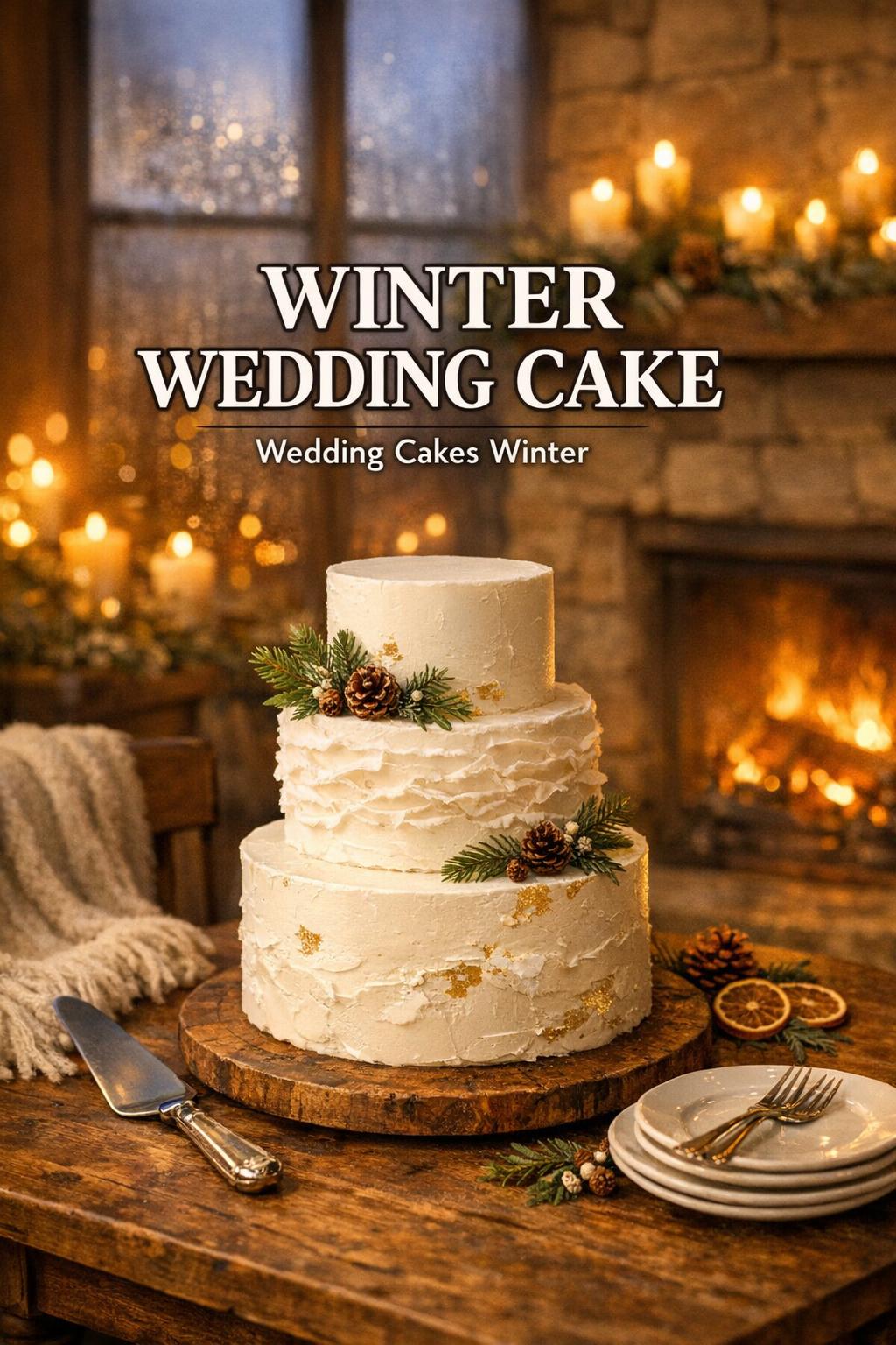 Winter wedding cake on rustic wooden table by candlelight in a cozy lodge reception with fireplace and fogged windows