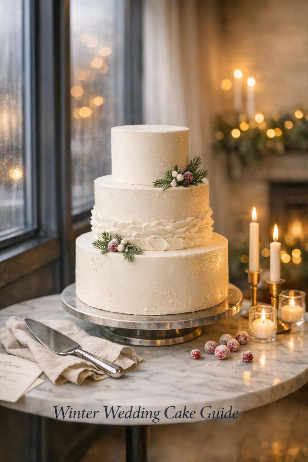 Winter wedding cake on marble table by a bright window with candles and text overlay “Winter Wedding Cake Guide”.