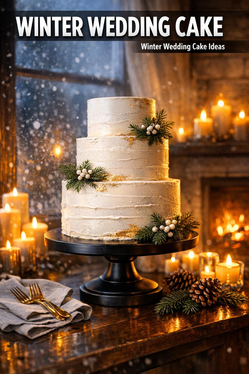 Winter wedding cake on a rustic table with snowy pine accents and soft candlelight, elegant white frosting