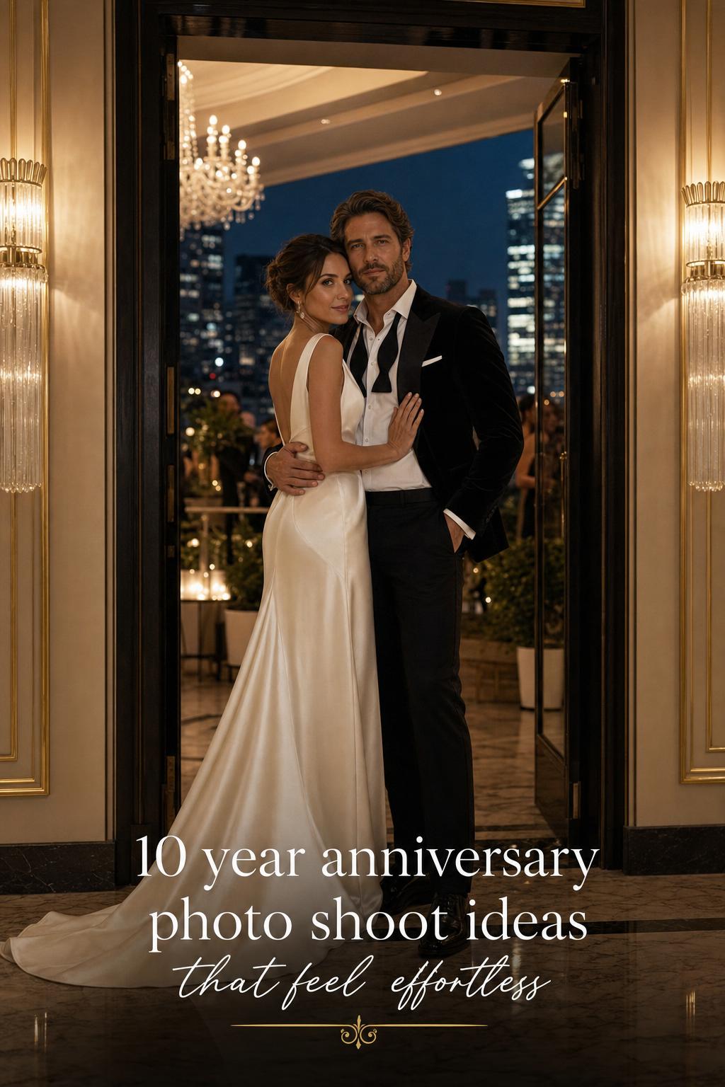 10 year anniversary photo shoot in a luxury hotel ballroom doorway, black tie couple in ivory gown and tuxedo at dusk