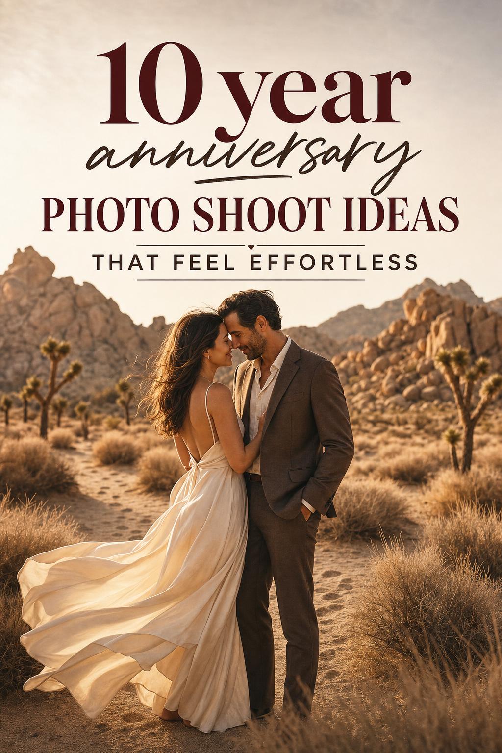 10 year anniversary photo shoot at golden hour in Joshua Tree with a couple in ivory dress and taupe suit, intimate portrait